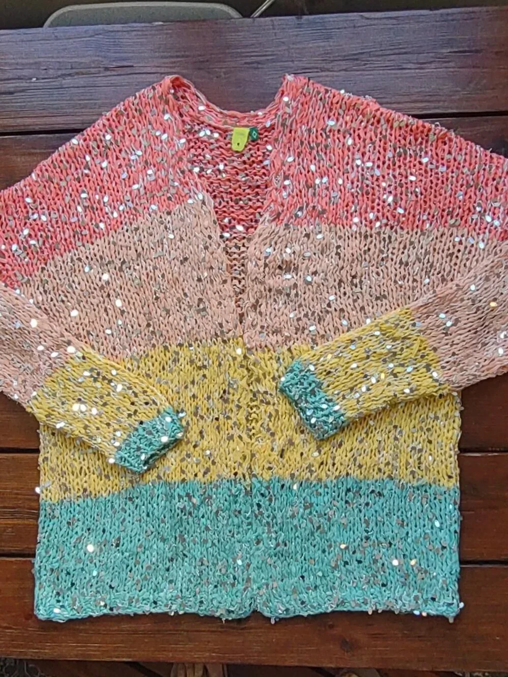 FARM Rio Brazil Sequin Cardigan Colorblock Stripe Boho *Flaws  Size G-Medium - Picture 5 of 16
